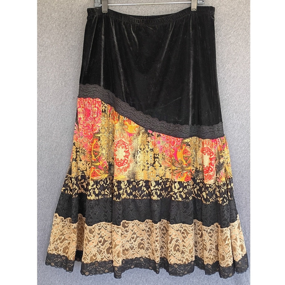 Coldwater Creek Velvet‎ Lace Patchwork Tiered Midi Skirt L Black Mix Media Boho